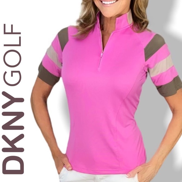 DKNY Golf Jamie Sadock Zip Up Polo with Striped Short Sleeves M - Picture 1 of 11